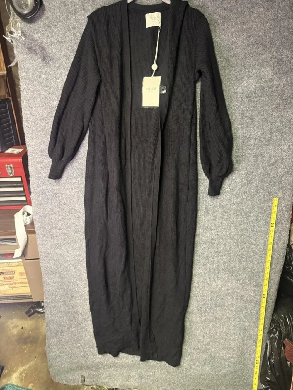 Veiled Cardigan Sweater Womens Small Black Balloon Sleeve Knit Maxi Open Front